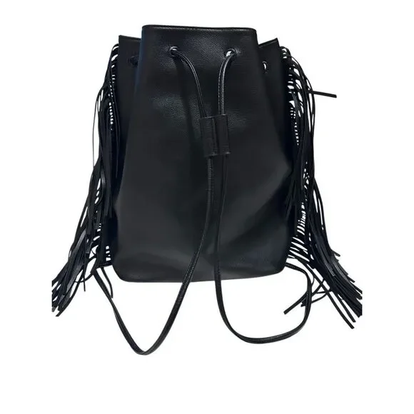 Victoria’s Secret Black Drawstring Fringed Backback Tote Faux Leather NWOT - Picture 2 of 11